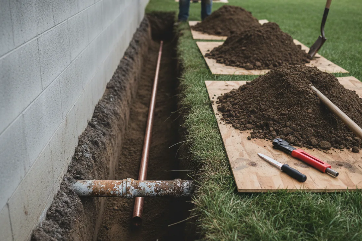 Excavated water line trench during Sewer Line Repair in Feura Bush